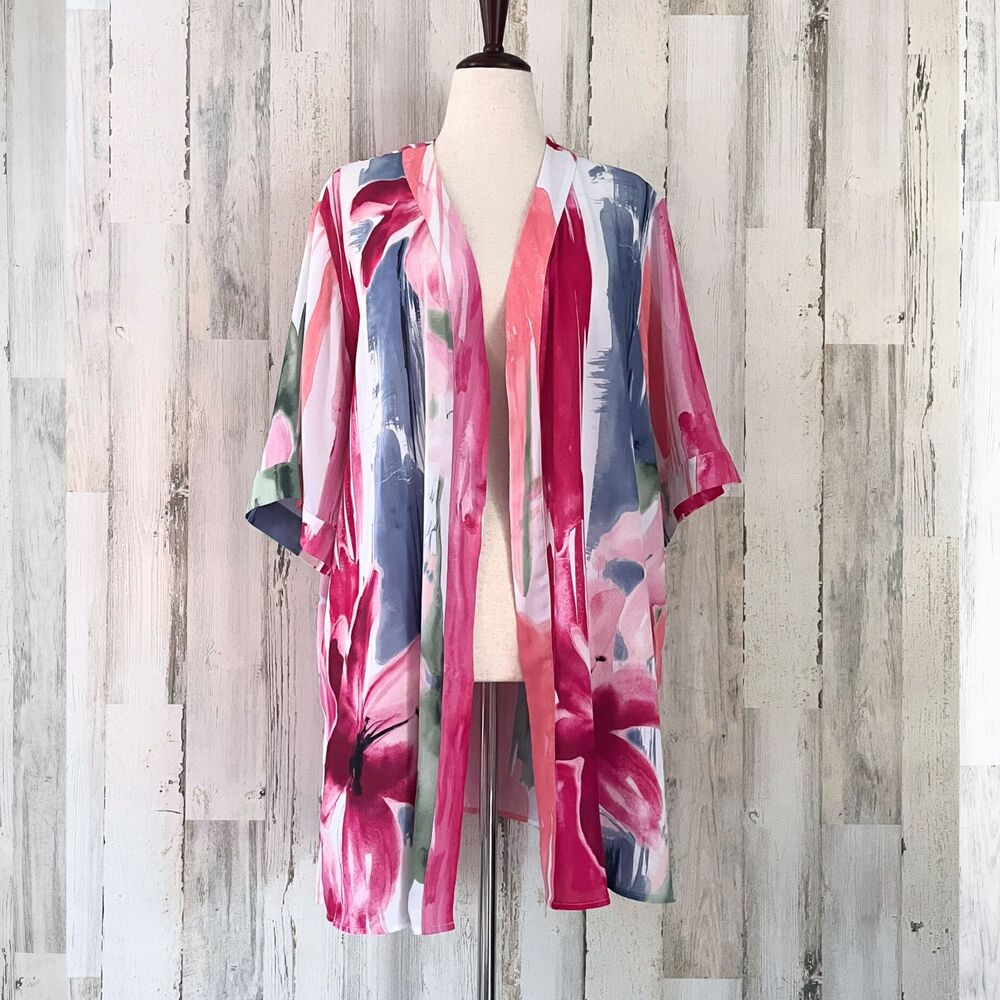 Catherines Pinks Floral Open Cardigan Duster 1X Beach Resort Casual Coachella